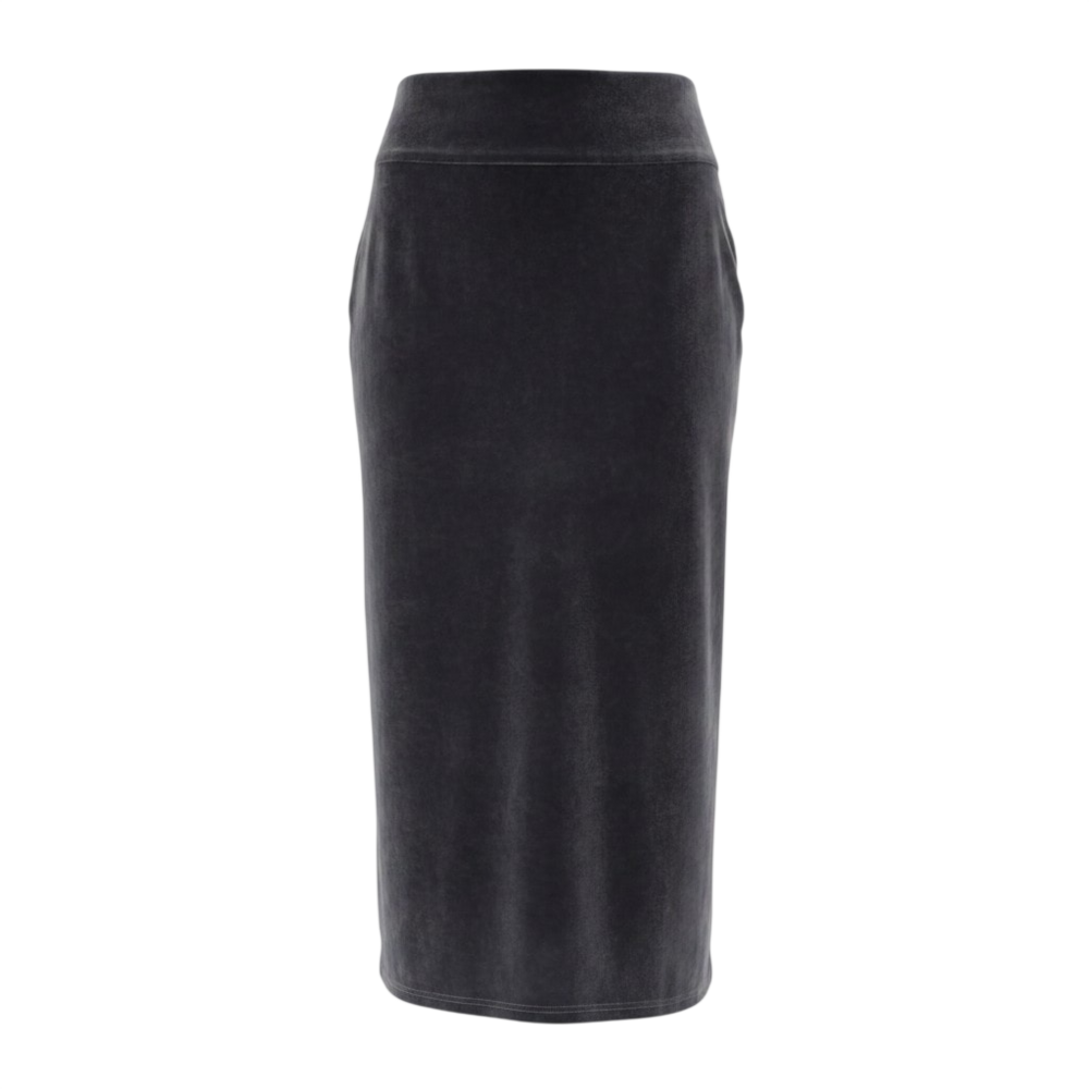 Wilfred Free dark mauve velvet midi skirt with wide waistband, pull-on stretch f